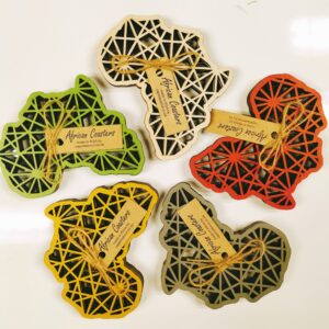 Custom lasered set of african coasters in the shape of Africa
